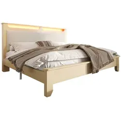 Doppelbett Holzbett 180×200cm, Kopfteil mit Stauraum, LED-Beleuchtung und Beigefarbener Cordpolster-Rückenlehne, Bettrahmen mit Holzlatten - Beige