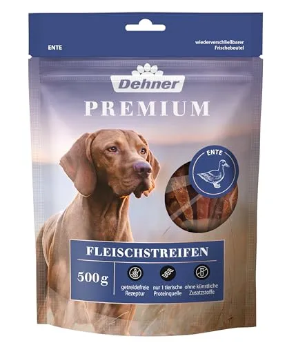 Dehner Premium Hundesnack, Leckerli getreidefrei / fettarm, Kausnack für ausgewachsene Hunde, Entenbrustfilet in Streifen, 500 g