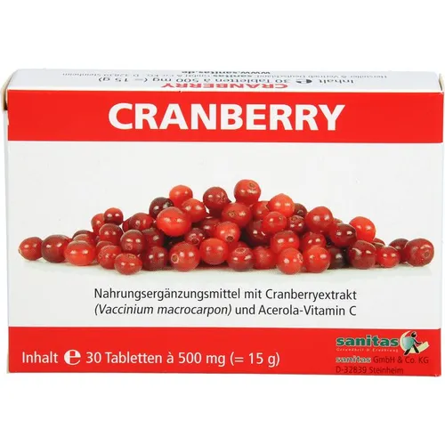 Sanitas CRANBERRY TABLETTEN 30 St. - Arzneimittel zur Unterstützung der Harnwegsgesundheit, ideal für Frauen und mit hochwirksamen Inhaltsstoffen.