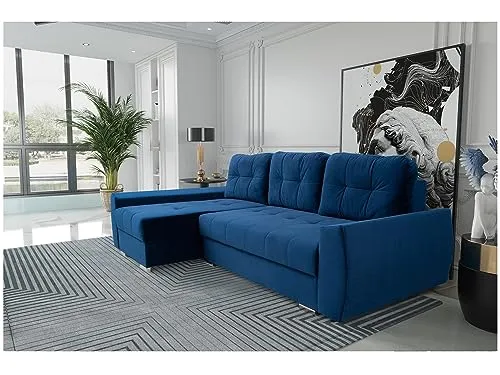MEBLINI Schlafcouch mit Bettkasten - Kleines Ecksofa mit Schlaffunktion - Sofa mit Relaxfunktion und Kissen - Kleine Couch L-Form - Eckcouch - FURLA - 250x151x90cm Links - Blau Samt