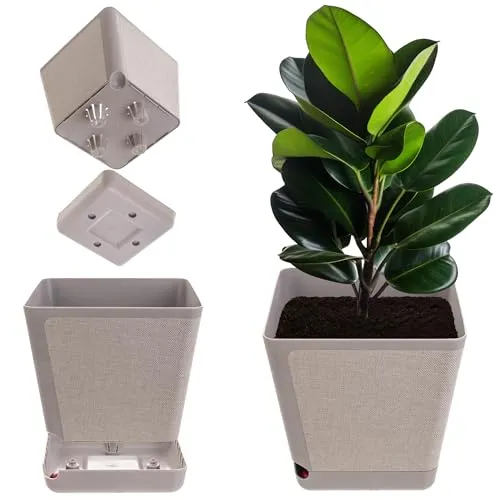 KADAX Dekorativer Übertopf, Blumentopf aus Kunststoff, Rechteckiger Pflanztopf mit Bewässerungssystem, Blumenkübel mit Selbstbewässerung und Wasserspeicher (Beige 24cm)