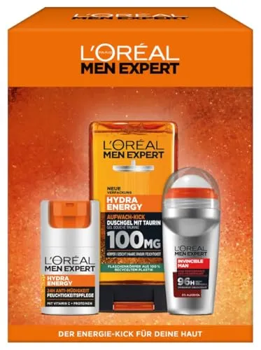 L'Oréal Men Expert Pflegeset für Männer, Geschenkset mit Gesichtscreme 24H Anti-Müdigkeit, Duschgel & Anti Transpirant Deo Roll-On, Hydra Energy, Invincible Man, 1 x 50ml, 1 x 50ml, 2 x 250ml