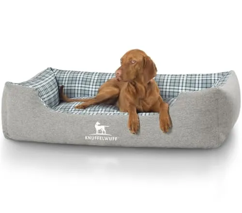 Knuffelwuff Hundebett Lennard aus Velours mit Karomuster XXL 120 x 85cm Grau/Grün - Abnehmbarer Bezug - waschbar - für große, mittelgroße und kleine Hunde