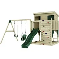 OutdoorToys Spielturm Nils, Dunkelgrün mit Babyschaukel - Spieltürme aus robustem Holz, ideal für Kinder ab 3 Jahren. Der Spielturm Nils bietet Spaß und Sicherheit mit einer integrierten Babyschaukel.