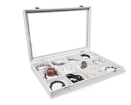 Schmuckkasten Schmucklade Schaukasten Schmuckdisplay mit Glasdeckel 12 Fächer weiss