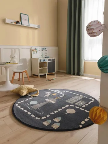 Lytte Kinderteppich Juno Blau ø 120 cm - Rund und Gemütlich für das Kinderzimmer - Teppich für Kinderzimmer, weich und farbenfroh, ideal zum Spielen und Wohlfühlen.