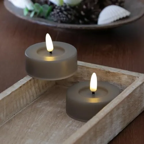MARELIDA LED Teelichter für Innen/Außen mit Kunststoffgehäuse für Balkon Terrasse, Outdoorkerze mit Flackernder Flamme und Timer, Tischkerze Dekokerze Grau (2 Stück)