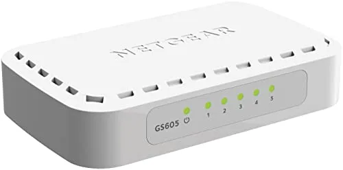 NETGEAR GS605 5-Port Gigabit Ethernet Switch - Netzwerk-Switch mit 5 Gigabit RJ45 Ports, lüfterloses Design für geräuscharmen Betrieb und energieeffizienter Auto-Green-Modus für geringeren Stromverbrauch.