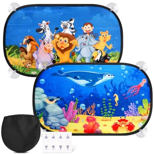 Stück Sonnenschutz Auto Baby mit UV Schutz,51x31cm Autofenster Sonnenschutz Kinder,8 Saugnäpfe und Niedliche Tiermuster 2