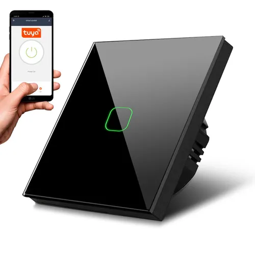 Maclean MCE716B Smart WiFi Touch Lichtschalter - Dimmschalter mit berührungsempfindlicher Steuerung und App-Kompatibilität, ideal zur Lichtsteuerung von überall. Die elegante Glasoberfläche bietet Farbwechsel-LED-Hintergrundbeleuchtung für einfache Bedienung im Dunkeln.