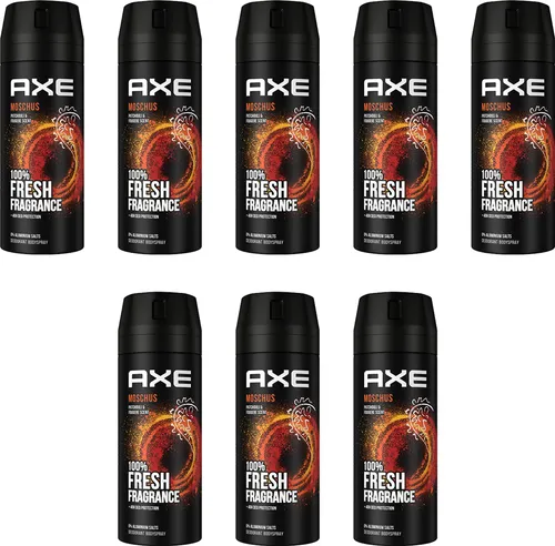 AXE Bodyspray Moschus Deo 8x 150ml - Aluminiumfreies Männerdeo - Deospray für Männer ohne Aluminium, bietet 48 Stunden Schutz vor Körpergeruch mit Dual Action Technology und elegantem Duft. Ideal für selbstbewusste Männer!
