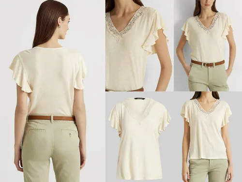 Produktbild LAUREN RALPH LAUREN SIGLAY LINEN V-Neck Ruffle Shirt Top Bluse T-shirt Hemd XL