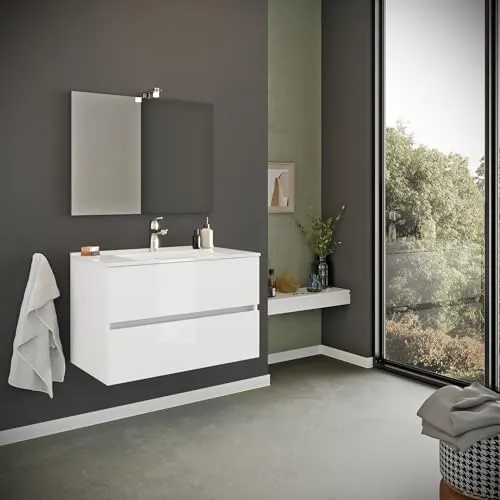KIAMAMI VALENTINA - 80 x 46 cm glänzend weißer Unterschrank mit Waschtisch und Spiegel | Benaco