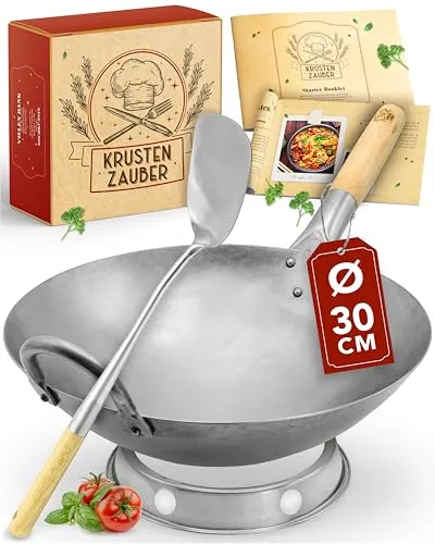 Krustenzauber Wok 30cm - Traditionelle Stahlwokpfanne mit Wokwender und Wokring, ideal für Induktion und Gasherd, perfekt zum schnellen Braten und Dämpfen von Gemüse und Fleisch.