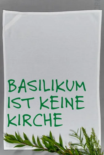 17;30 HAMBURG GESCHIRRTUCH KÜCHENTUCH BASILIKUM IST KEINE KIRCHE SIEBDRUCK WEISS