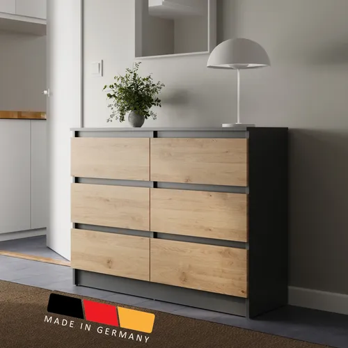 Home Collective Kommode Anthrazit Eiche Artisan - Elegante 6-Schubladen-Kommode aus robustem Holz, ideal für Wohnzimmer und Flur. Modernes, griffloses Design für skandinavischen Stil und großzügigen Stauraum.