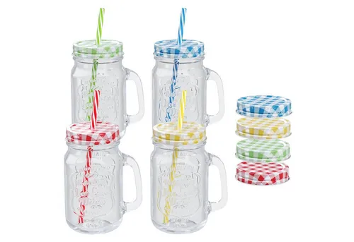 Wellgro Glas Trinkgläser bunt mit Deckel 500ml + Ersatzdeckeln, 4-tlg.