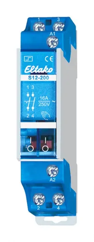 Eltako S12-200-12V Stromstoßschalter 12V - Elektromechanischer Stromstoßschalter mit 2 Schließern, ideal für zuverlässige Schaltvorgänge. Handbetätigung und Schaltstellungsanzeige für einfache Nutzung.