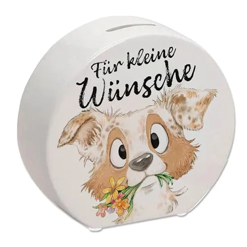 Hund Spardose mit Spruch Für kleine Wünsche Geburtstagsgeschenk für Hundemensch Niedlicher Welpe Blumen Design Aussies Freund
