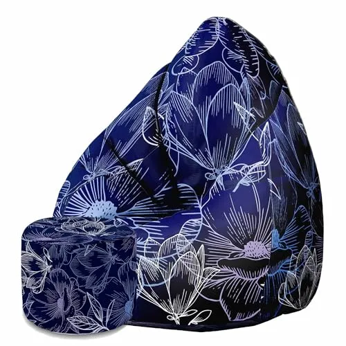 DreamRoots Sitzsack Erwachsene mit Füllung 80x80x120cm - Bean Bag Chair - Sitzsäcke mit Lehne und Hocker und Bezug - Sitzsack Sessel - Chill Sessel Velvet Navy Flowers