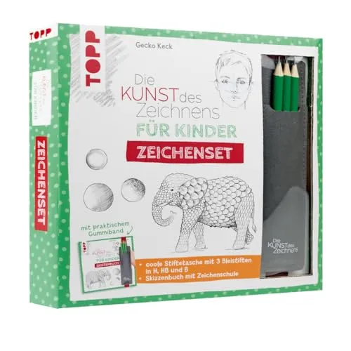 Die Kunst des Zeichnens für Kinder Zeichenset: Kinder-Zeichenschule mit Skizzenseiten und cooler Stiftetasche mit 3 Bleistiften. Mit praktischem Gummiband