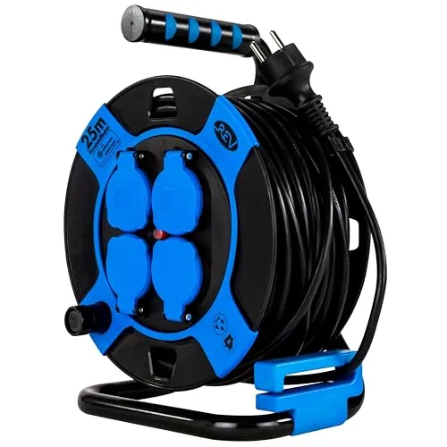 REV-Ritter Kabeltrommel blau, 25m für außen IP44 - Kabeltrommel für außen mit 4 Schutzkontaktsteckdosen, spritzwassergeschützt (IP44) und stabiler Bauweise - ideal für den kurzfristigen Einsatz im Freien.