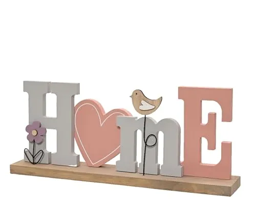 Deko Aufsteller Schriftzug Home 12x30cm Holz Metall - mit Vogel Blume und Herz - Holzdeko zum Stellen - Wohndeko Holzaufsteller für Wohnzimmer Fensterbrett Flur - Frühlingsdeko Tischdeko - Rosa Grau