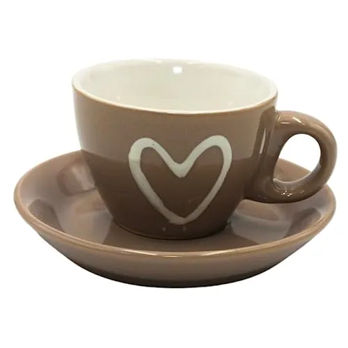 Dekohelden24 Espressotasse mit Untertasse in Cappuccinofarben mit weißem Herz, aus Keramik, Größe: H/Ø ca. 5 x 6,5 cm, Spülmaschinengeeignet