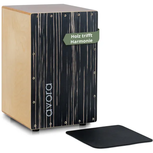 Avora Cajon Black Zebra - Percussion-Instrument mit edlem Zebrano-Furnier, warmer Klang und feinem Snare-Effekt, ideal für lange Sessions und als stilvolles Wohnaccessoire.