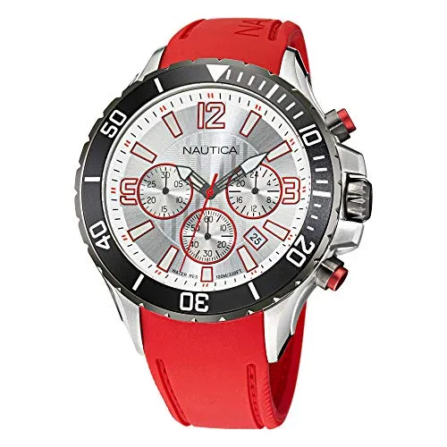 Nautica Men's Stainless Steel Quartz Silicone Strap Watch, Red - Model NAPNSS119 - Hochwertige Herrenarmbanduhr mit 49 mm Edelstahlgehäuse, wasserdicht bis 100 m und verstellbarem Silikonarmband für optimalen Tragekomfort.