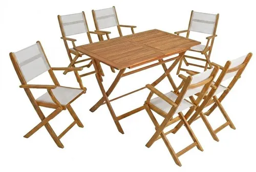 Gartenmöbel Sitzgruppe mit klappbarem Tisch und 6 Stühlen - Entspannen Sie stilvoll im Freien mit unserer eleganten Sitzgruppe aus Akazienholz. Der klappbare Tisch und die praktischen Stühle bieten Flexibilität und Komfort für jede Gelegenheit. Ideal für Terrasse oder Garten!
