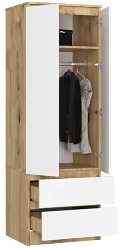 BDW Kleiderschrank mit 2 Türen, 2-türiger Kleiderschrank, 2 Schubladen - Aufbewahrungsschrank - Moderner Schrank für Schlafzimmer, Wohnzimmer, Flur, Kinderzimmer - 180x60x51cm - Artisan Eiche Weiß