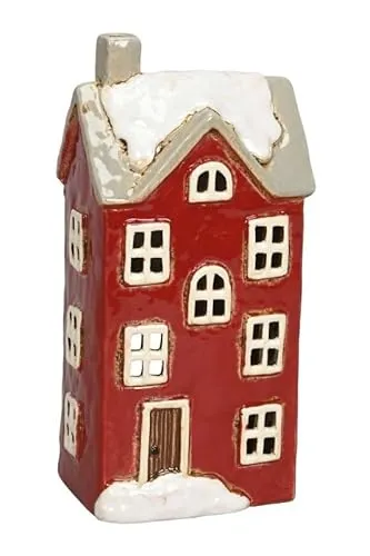 Keramik Windlicht-Haus, Weihnachtsdekoration, Teelichthalter mit Fenstern, Größen (rot/weiß B/T/H: 12 x 9,5 x 25cm)