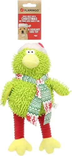 Flamingo Hundespielzeug – WEIHNACHTSSPIELZEUG – Viviana Vogel Grün – 31 cm – Weiches Plüschspielzeug mit Quietscher Weihnachtsedition