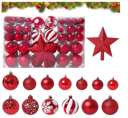 BBWELL Weihnachtskugeln 101-teiliges Set,Rot Weihnachtskugeln,15 cm Baumspitze Stern & 100 Kuge,Weihnachtskugelns Kunststoff - Weihnachtsbaum Deko & Christbaumschmuck,Christbaumkugel ∅ 3, 4 & 6 cm