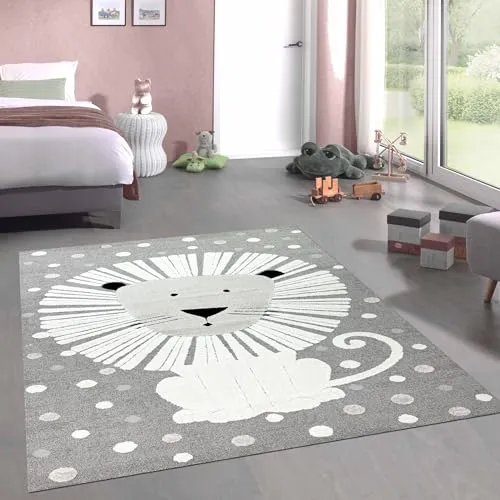 CARPETIA Kinderzimmer Spielzimmerteppich Heller dunkler 3D-Effekt Löwendesign Creme beige, 120 x 170 cm