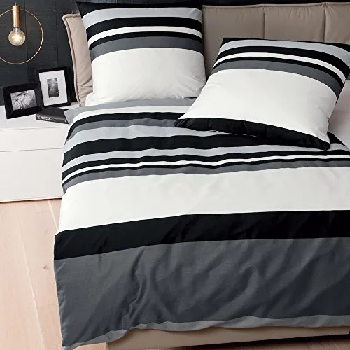 Janine Bettwäsche J.D. 8478-08 Schwarz Graphit Weiß Gestreift Streifen Design Baumwolle Mako Satin (240x220 cm)