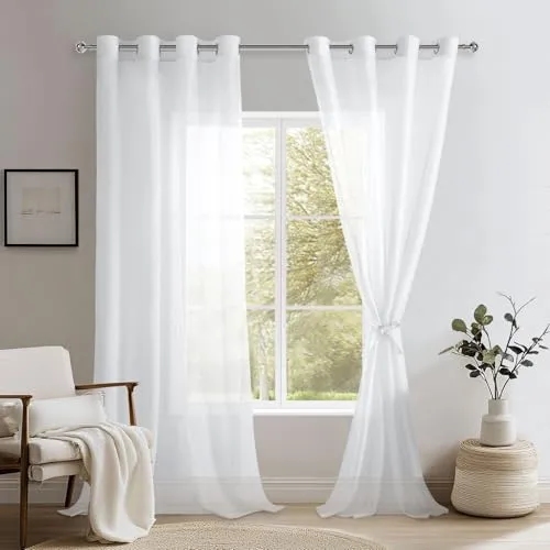 DWCN Sheer Voile Vorhang mit Ösen Gardinen Kurz Durchlässige Vorhänge Weiss Vorhang Transparent, Weiß, 240x132cm(HxB)