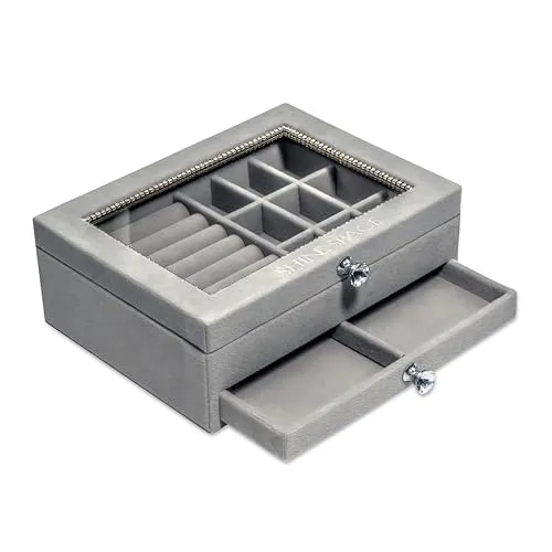 SHINE SPACE Schmuckkästchen mit Glasdeckel – Schmuckbox mit Schublade & Fächern – Schmuckaufbewahrung für Ringe, Ketten, Ohrringe, Armbänder – Schmuckkasten Samt Grau mit Griffen (Grau)