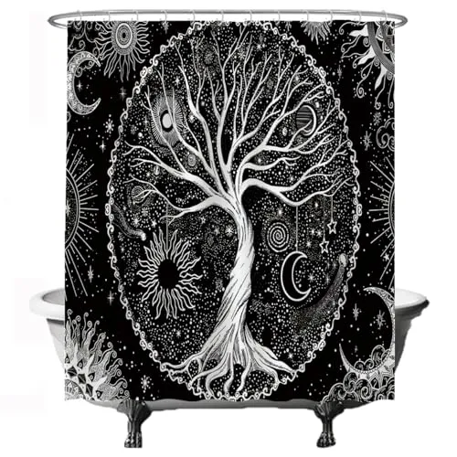 Ulticool Duschvorhang - Baum des Lebens Schwarz Weiß - 180 x 200 cm – Waschbar – Wasserdicht - Anti Schimmel - mit 12 Ringe