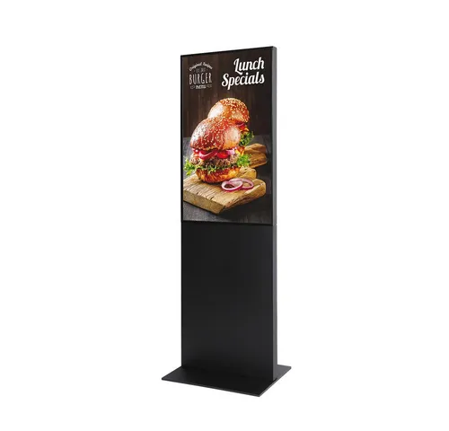 Showdown Displays Digitale Infostele Smart Line - 43 Zoll Samsung Bildschirm - Einzelrahmen mit elegantem Design, ideal für die Präsentation Ihrer Marke an Ladeneingängen und Messen. Robuster Stahlfuß sorgt für Stabilität und vielseitige Einsatzmöglichkeiten.