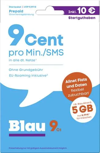 Blau.de 9 Cent Startpaket Prepaid-Karte ohne Vertragsbindung