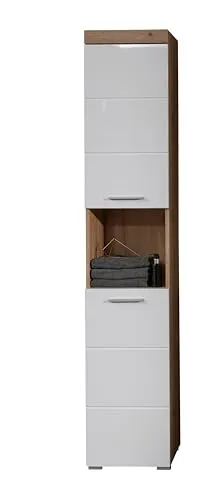trendteam smart living - Amanda Hochschrank - Eiche/Weiß Hochglanz - Hoch- & Midischränke fürs Bad, moderner Badezimmerschrank mit 2 höhenverstellbaren Einlegeböden für flexible Stauraumlösungen.