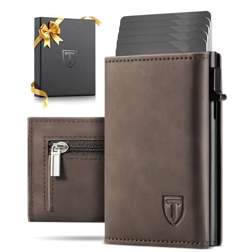 Tomylv Geldbörse Herren, RFID Schutz Portmonee Herren Magnetverschluss, Pop-up Kartenetui mit 8 Kreditkartenetui mit Banknotenfächer, Münzfach, Ausweisfenster Geldbeutel – Braun