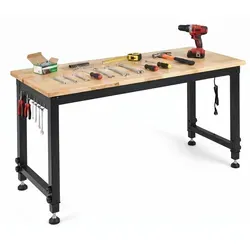 COSTWAY 122 cm Schwerlast Werkbank, höhenverstellbar - Robuste Werkbank mit 900 kg Tragkraft und höhenverstellbar von 68 bis 101 cm. Inklusive integrierter Steckdosenleiste und seitlicher Lochwand für optimale Ordnung – ideal für Werkstatt und Garage.