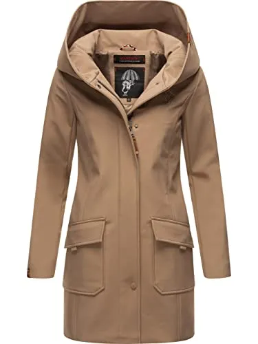 MARIKOO Damen Übergangsjacke Softshellmantel atmungsaktiv mit Kapuze Mayleen Taupe Gr. XL
