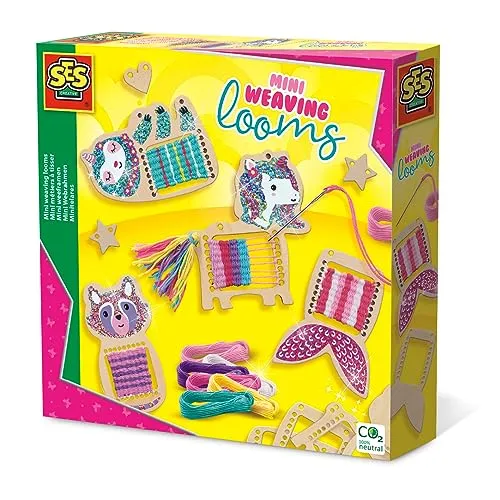 SES Creative | Kit Mini Holzwebstühle | Manuelle Aktivität 6 Jahre + | Textiles Gestalten für Kinder | 6 Stickgarne & Glitzersticker | Kreatives DIY-Spiel | Geschenkidee Mädchen Jungen