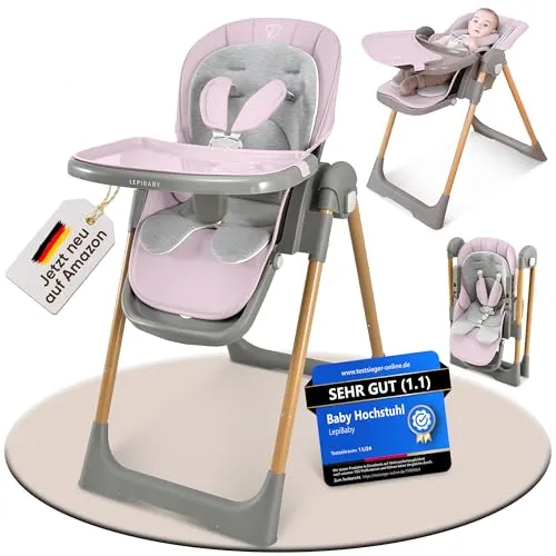 LepiBaby FlexiCo Hochstuhl Baby mit Liegefunktion & Neugeborenenaufsatz, Klappbar & Höhenverstellbar | Kinderstuhl Kinderhochstuhl Babystuhl | Mitwachsend Kind ab Geburt, 1-3 Jahre | Rosa