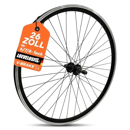 MTB Hinterrad Laufrad 26 Zoll – 6/7/8-fach Schraubkranz – 135 mm Vollachse – V-Brake Felgenbremse – Alu Hohlkammer Felge – 36 Speichen – Schwarz – Fahrrad Laufrad hinten für Mountainbike
