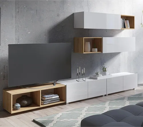 Lomadox Wohnwand CAIRNS-132 in Weiß Hochglanz & Eiche - Moderne 7-teilige Wohnwand mit grifflosen Lowboards und Stauraumschränken, ideal für stilvolle Wohnzimmergestaltung. Hochwertige melaminharzbeschichtete Oberfläche.